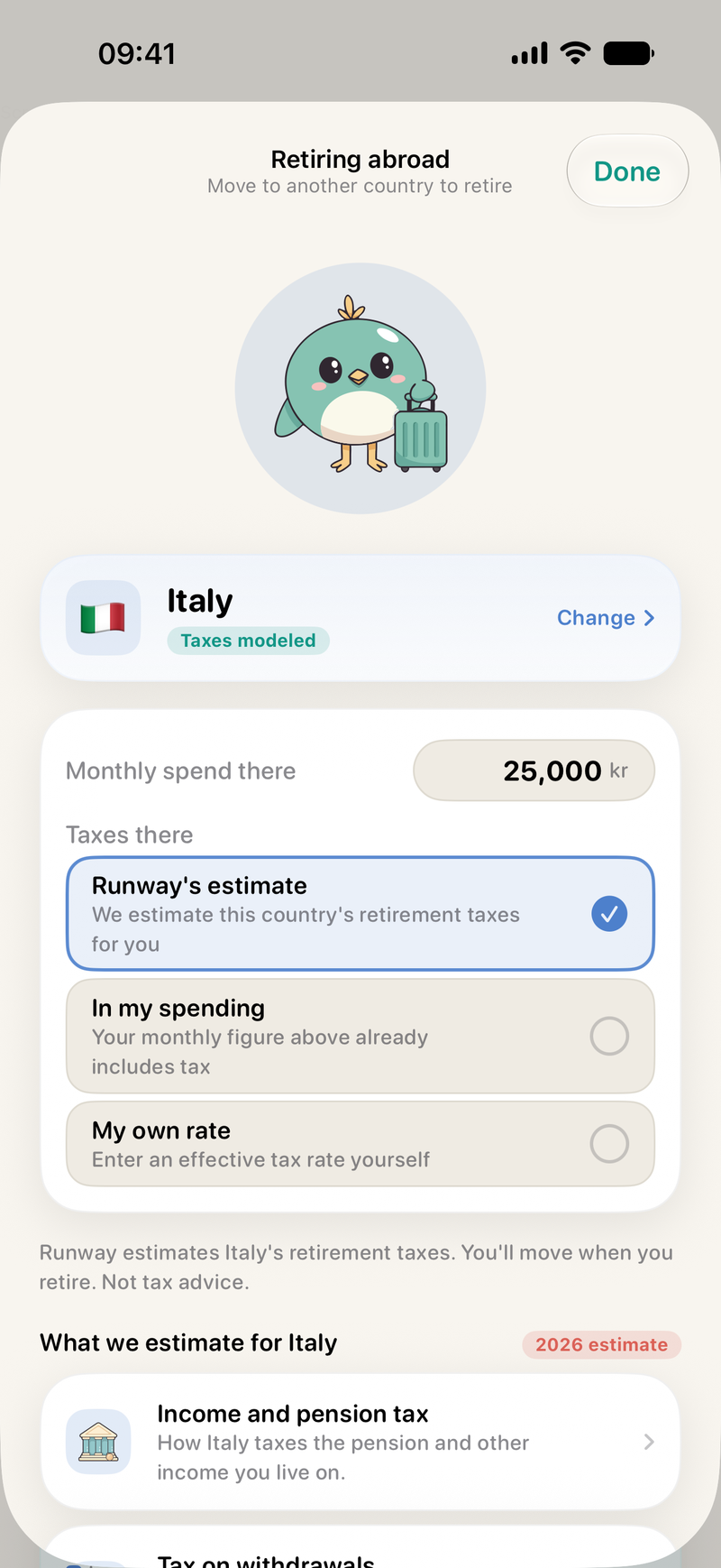 Runway's retire-abroad editor with Italy chosen, taxes modeled, and the monthly spend there