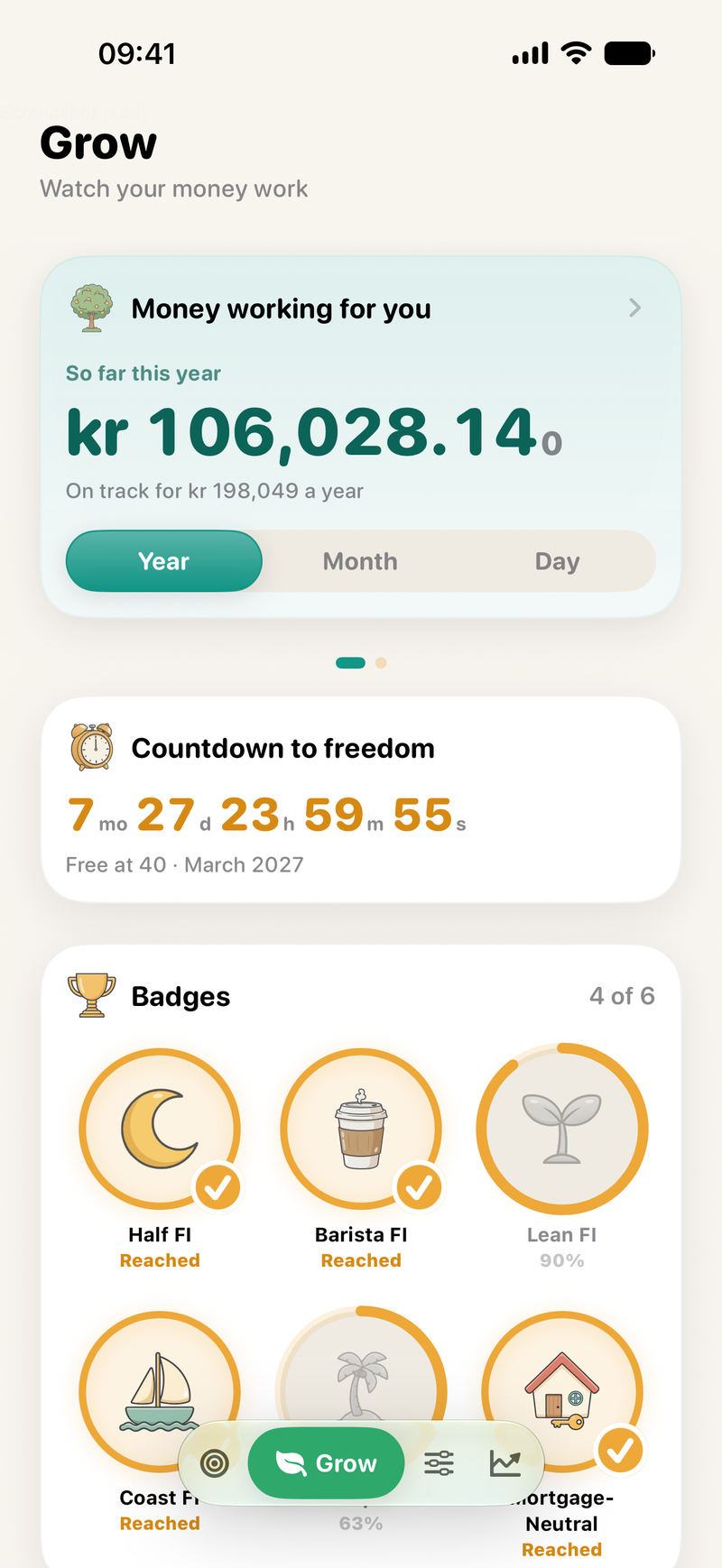 Runway Grow screen showing the countdown to freedom and financial-independence badges