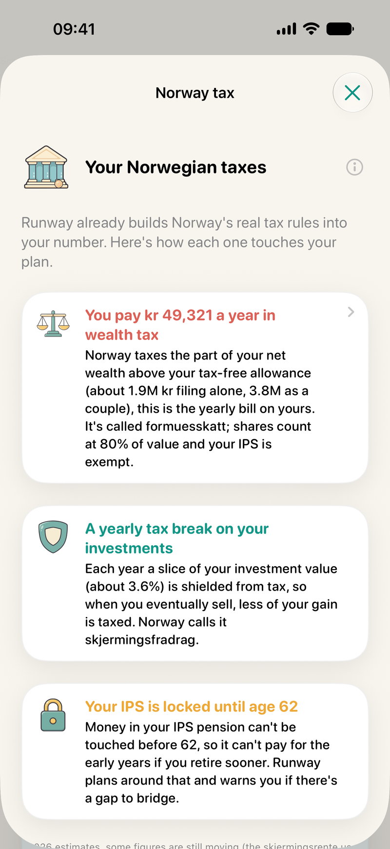Runway Norwegian tax screen explaining wealth tax, shielding, and pension rules