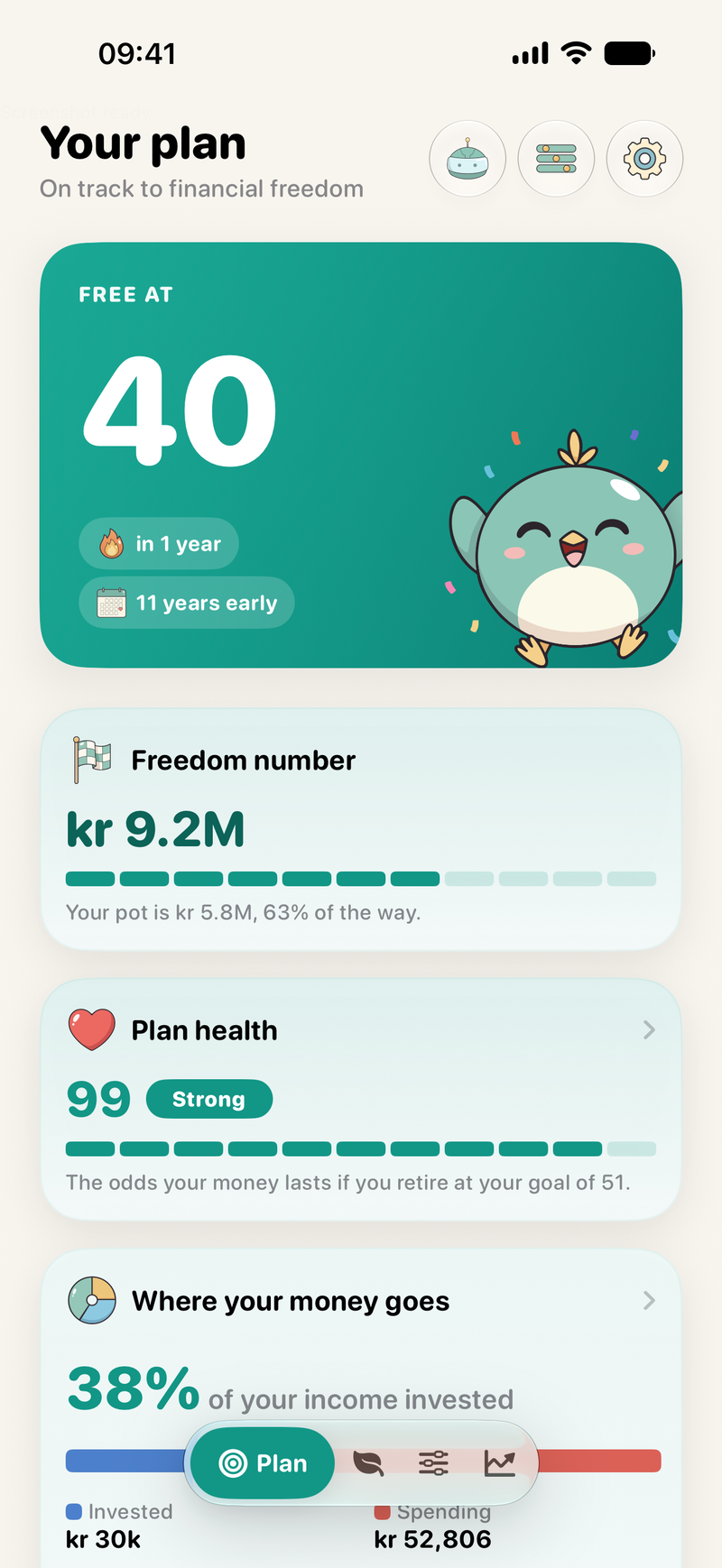 Runway Plan screen showing a freedom age of 40, the freedom number, and plan health